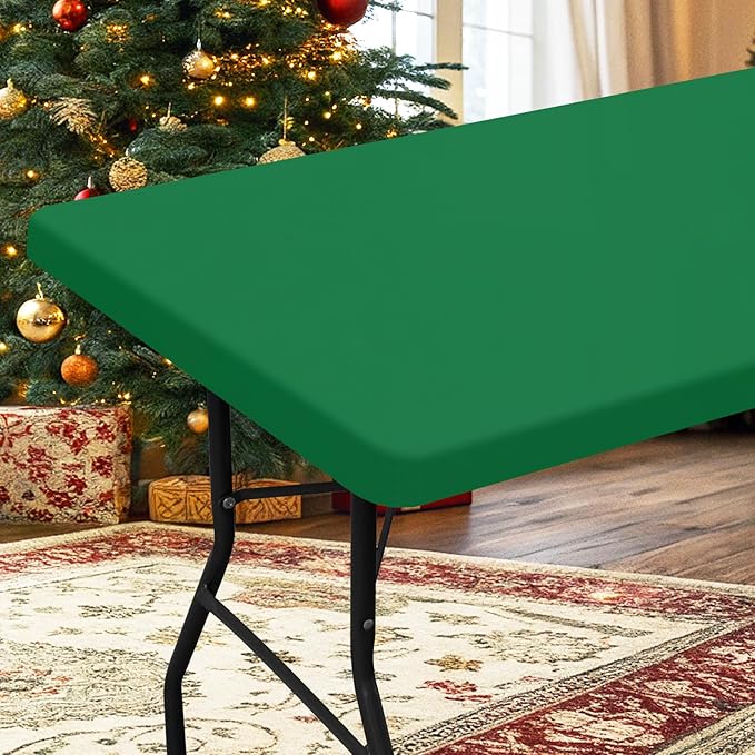 homing Rectangle Table Cloth Cover, Waterproof Polyester Elastic Fitted Tablecloth, Fits for 4 Foot Folding Tables, Washable Table Protector for Christmas, Holiday, Party (Hunter Green, 24" x 48")
