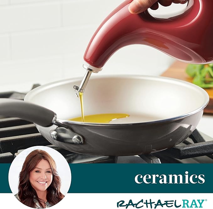 Rachael Ray Ceramic EVOO Oil and Vinegar Dispensing Bottle with Spout, 24 Ounce - Cranberry Red