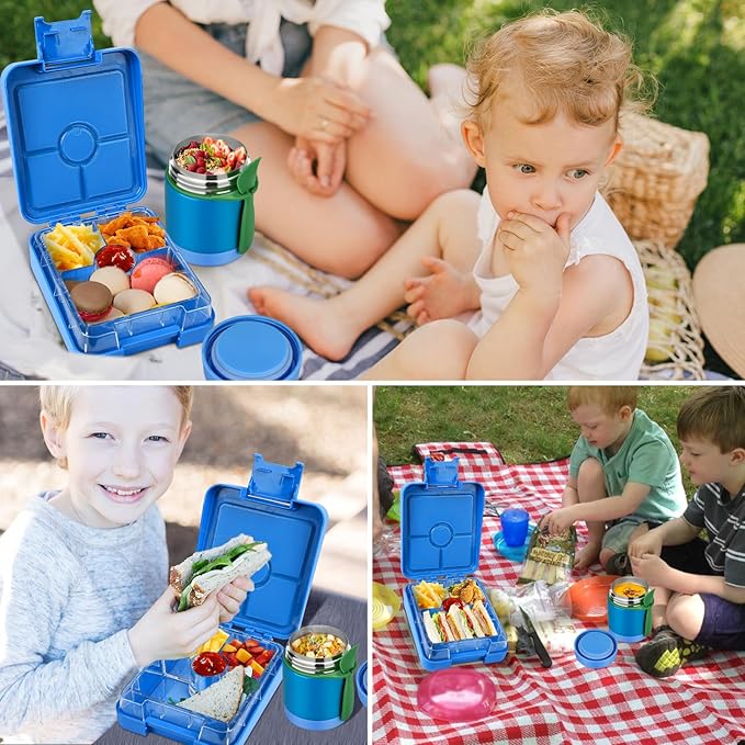 Bento Lunch Box Set for Kids with 10oz Soup Thermo, Leak-Proof Lunch Containers with 4 Compartment, Thermo Hot Food Jar and Insulated Lunch Bag for Kids to School,BPA-Free(Blue)