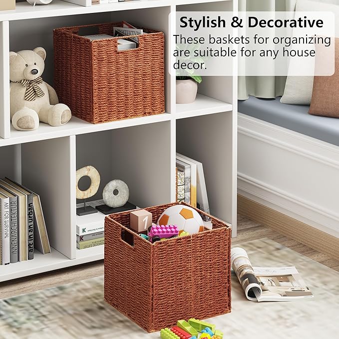 Vagusicc Wicker Storage Basket, Set of 2 Hand-Woven Paper Rope Wicker Baskets, Foldable Cube Storage Bins, 11 inch Storage Basket, Square Baskets for Organizing Shelves & Decor, Orange (11″×11″×11″)