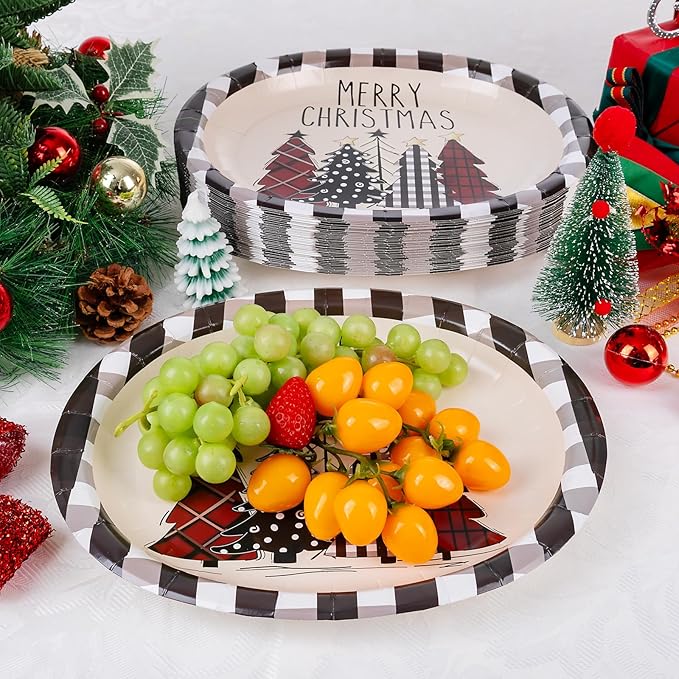 WDF 50Pack Christmas Paper Plates - 10"x12" Christmas Tree Plates Christmas Oval Paper Checkered Plates - Dinner Size Large Disposable Platter Heavy Duty for Happy Christmas Serving
