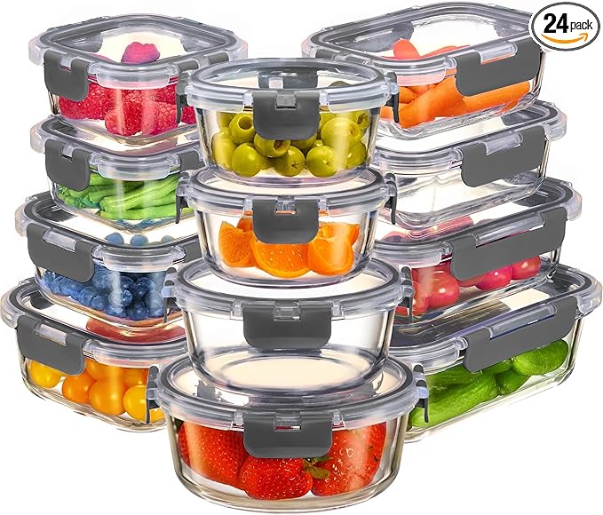 FineDine 24 Piece Premium Borosilicate Glass Meal Prep Containers Glass - Airtight Food Storage Containers with Lids, Hinged Locking Lid, BPA Free, For Meal Prep/Freezer/Oven