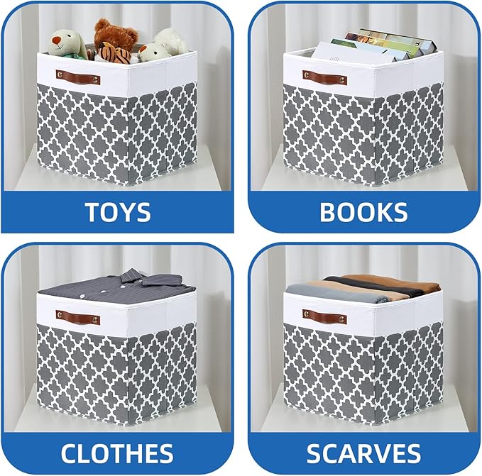 Temary Cube Storage Bins 13x13 Cubes Storage Bins for Shelf, 4 Pack Cube Storage Bins for Organizing Storage Basket with Handles(Grey Lattice)