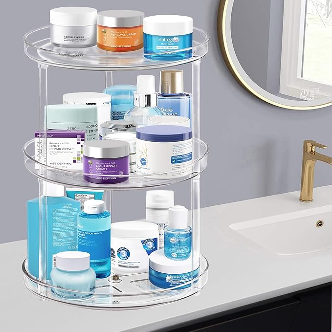 3 Tier Lazy Susan Bathroom Organizer - 9.25 Inch Clear Makeup Organizer with Skincare and Perfume Storage for Countertop