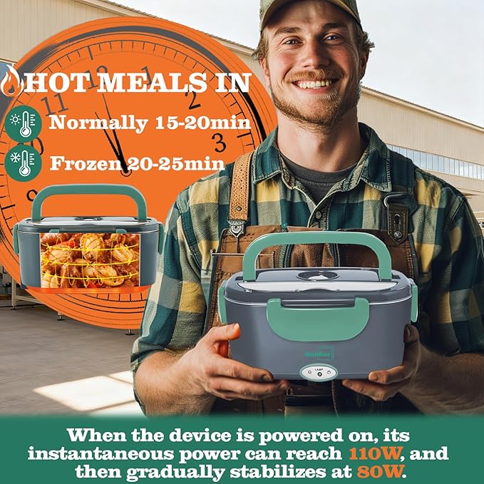 Buddew Electric Heated Lunch Box for Adults - 80W Fast Heating, 1.5L Food-Grade Stainless Steel, 12V/24V/110V Portable Food Warmer for Work Travel Car, Lonchera Electrica Portatil (Green)