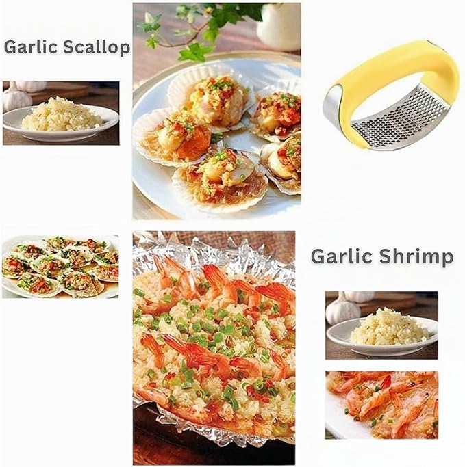 Angel's Peel Lounge Stainless Steel Garlic Press Rocker Set with Silicone Garlic Peeler & Cleaning Brush – Garlic Chopper, Mincer, Grater, Crusher – Easy for Crushed Cloves – Rust-Resistant, Yellow