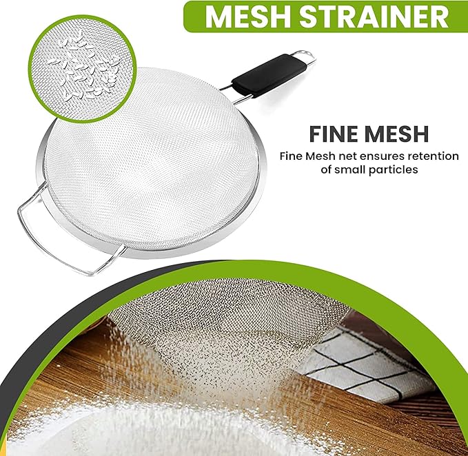 9" Large Extra Fine Mesh Strainer with Thermo Plastic Rubber Handle - Sieve Fine Mesh Stainless Steel - Ideal to Strain Pasta, Quinoa and Rice