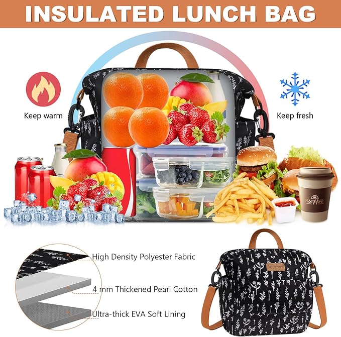 Joymee Lunch Bag Women Insulated Lunch Box Reusable Leakproof Large Spacious Cooler Tote for Women Men Adult with Bottle Holder and Side Pockets for Work Office Travel Picnic -08 White Little Flower