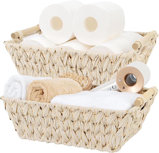 GRANNY SAYS 2-Pack Wicker Storage Baskets, Storage Baskets for Shelves, Trapezoid Wicker Baskets with Handles, Waterproof Woven Baskets for Organizing, Butter Milk