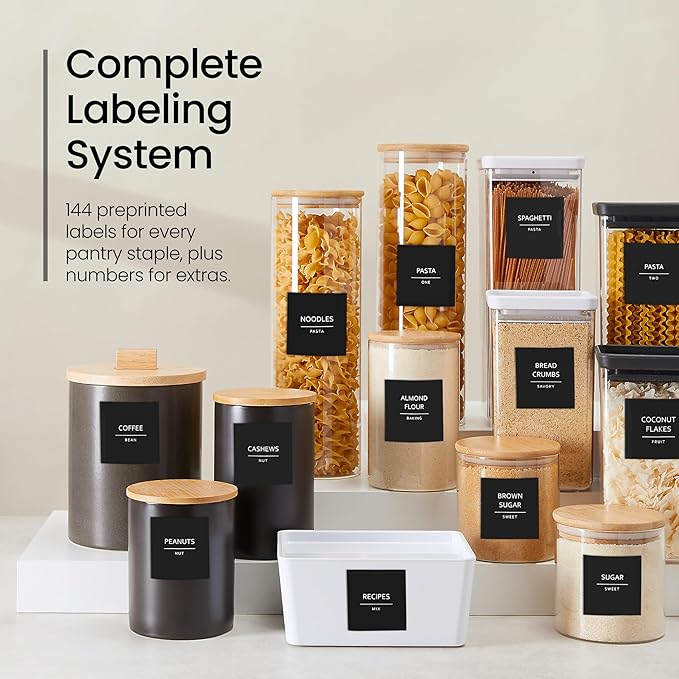 Talented Kitchen 144 Minimalist Pantry Labels – Preprinted White All-Caps on Matte Black Vinyl Stickers, Water-Resistant Adhesive Labels for Kitchen, Jars, Containers, Spices & Pantry Organization