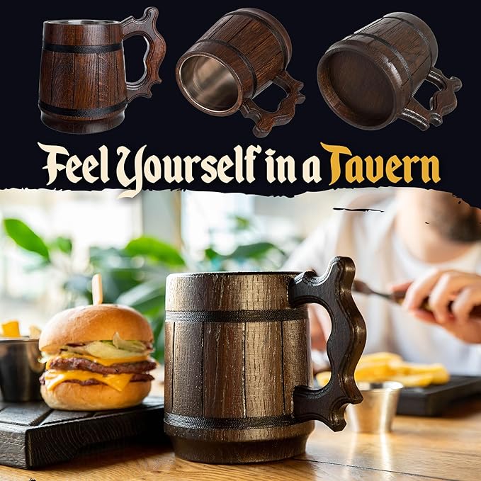 Set of 6 Beer Mug 20 OZ - Tankard Mug - Beer stein - Wooden beer mug - Stainless Steel Cup - Handmade Gifts for Men - Fathers Day, Christmas or Birthday Gift Idea - Retro Brown