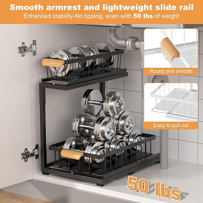 Under Sink Organizer, 2-Tier Metal Pull Out Cabinet Organizer Shelf Kitchen Bathroom Organizers and Storage with Sliding Drawer Undersink Pantry Cabinet Closet