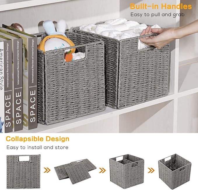 Vagusicc Storage Basket, Set of 2 Hand-Woven Paper Rope Wicker Baskets for Storage, Foldable Cube Storage Bins Organizer, 9 inch Medium Wicker Storage Baskets for Shelves Pantry Organizing Decor, Grey