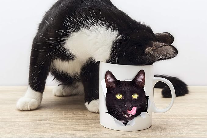 Thirsty Black Cat Coffee Mug - Ceramic Funny Coffee Mug - Perfect Cat Lover Gift - Cute Novelty Coffee Mug Present - Great Birthday or Christmas Surprise for Friend or Coworker, Men and Women (11oz)