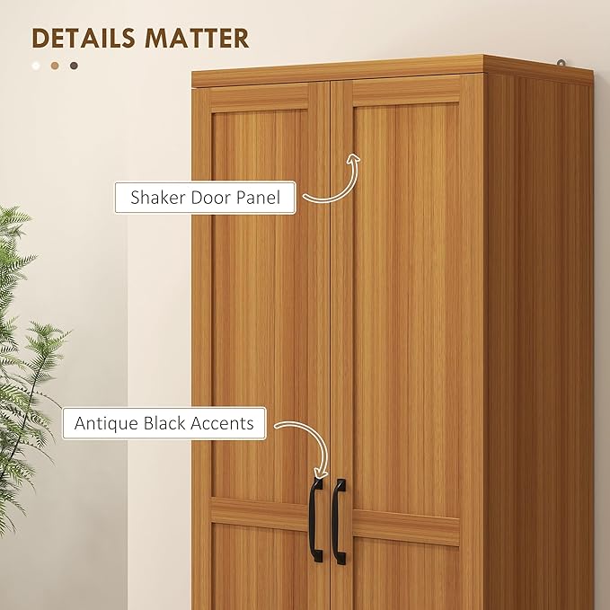 HOMCOM 63" 2-Door Kitchen Pantry, Freestanding Storage Cabinet with 5-Tier Shelving and 2 Adjustable Shelves for Dining Room, Teak Wood Grain