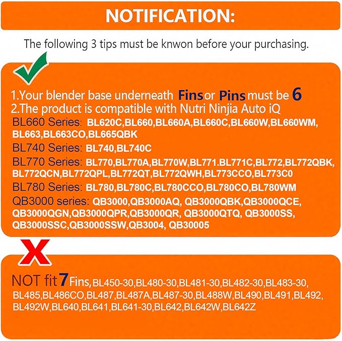 Blender Blade Fit for Ninja, Replacement Parts 6 Fin Male Blades with 4 Rubber Gaskets, Blender Accessories Compatible with Ninja Auto IQ BL620C BL660 BL740 BL780 QB3000, Only Fit 16oz Cups(2 Pack)