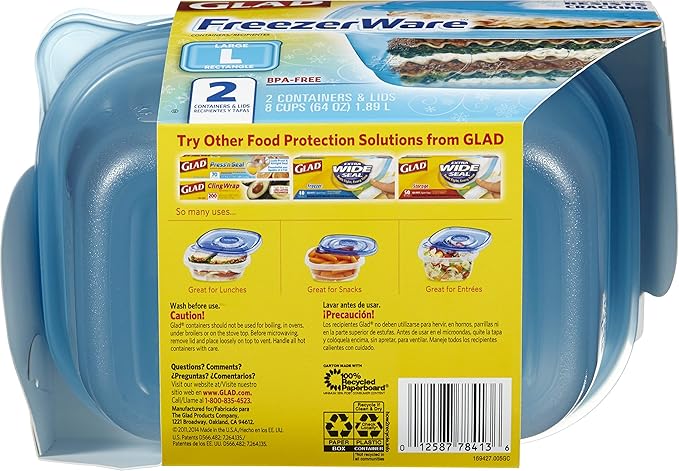 Gladware Freezerware Food Storage Containers, Large Rectangle Holds 64 Ounces of Food, 2 Count Set | Tupperware, Plastic Food Container, Meal Prep Container, Plastic Containers with Lids