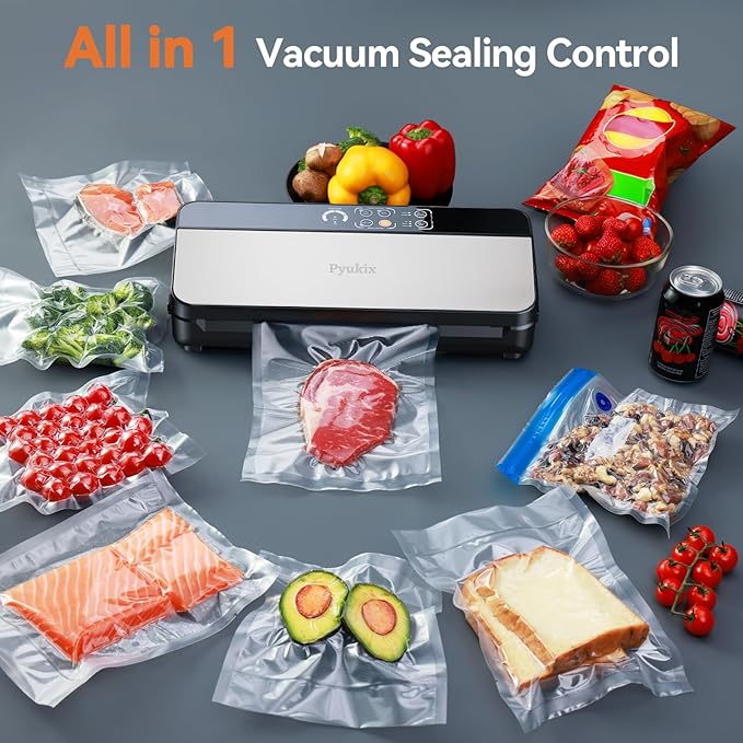 Vacuum Sealer Machine, Food Sealer Vaccum Sealers for Food 80KPA Automatic 8-IN-1 Sealing Dry/Moist Mode with Build-in Cutter&Storage, Digital Countdown, Air Suction Hose, 2 Roll-Bags, 11 Vacuum Bags