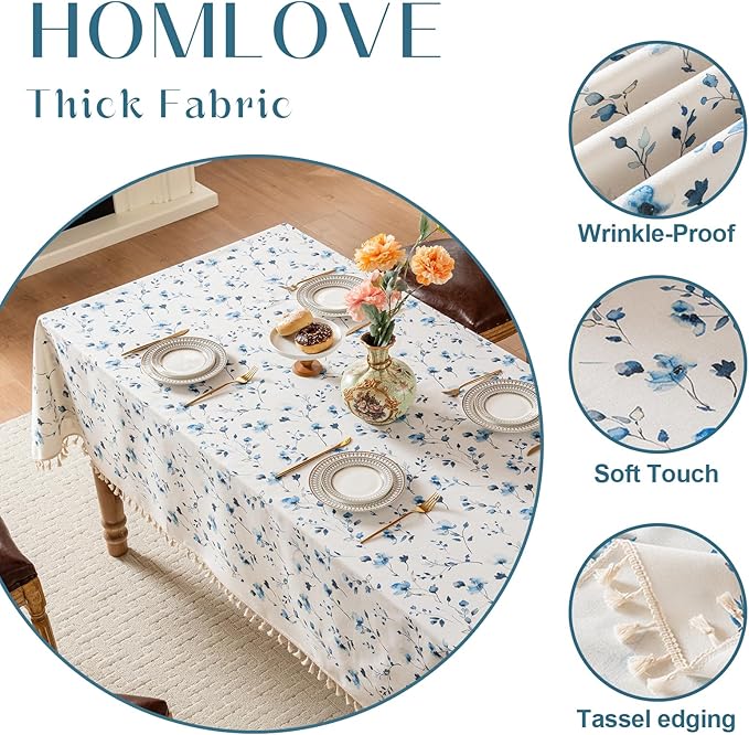 Rectangle Tablecloth Pastoral Style, Waterproof & Stain Resistant Table Cloth Wrinkle Free Table Cover for Dining/Kitchen/Patio, Washable Indoor & Outdoor Use, 55"X102" Blue