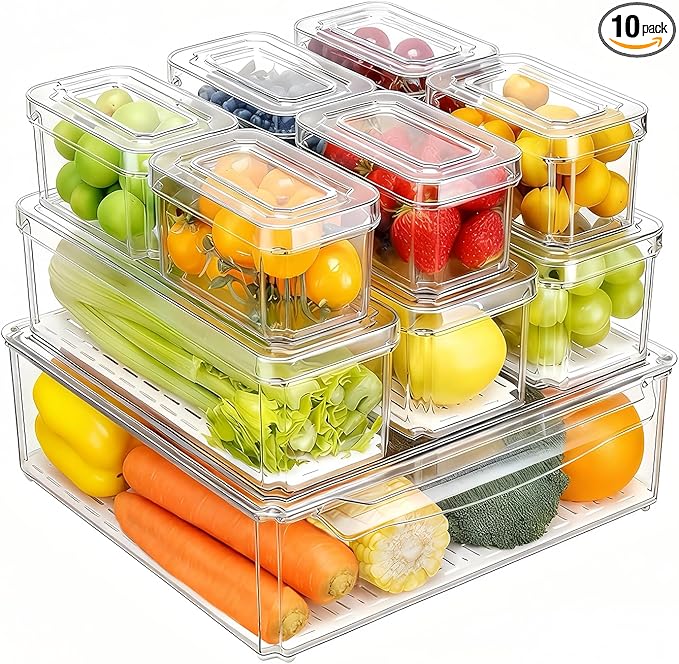 10-Pack Clear Fridge Organizer Containers with Lids, Stackable BPA-Free Refrigerator & Produce Storage Containers with Drain Tray & Anti-Slip Base for Fruits, Veggies & Drinks