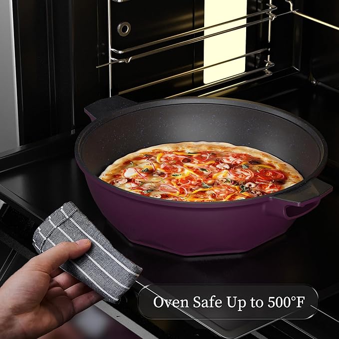 TIBORANG 8 in 1 Multipurpose 11 Inch 5 Quart Heat Indicator Nonstick Deep Frying Pan with Glass Lid,Steamed Grid,PFOA-Free,Dishwasher&Oven Safe,Works with All Stovetops (Midnight Purple)