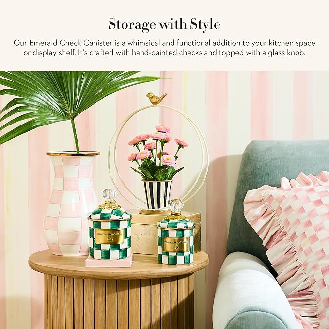 MACKENZIE-CHILDS Demi Enamel Canister, Kitchen Storage Container with Lid, Green-and-White Emerald Check