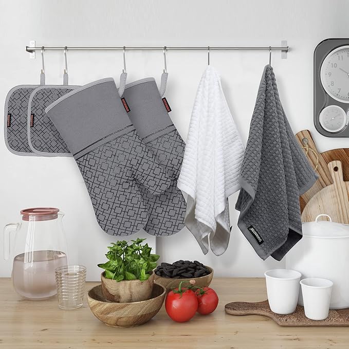 Oven Mitts and Pot Holders Sets 6pcs, Kitchen Oven Glove,High Heat Resistant 550 Degree Extra Long Oven Mitts and Potholders with Non-Slip Silicone Surface for Apartment Essentials (Grey) (Gray)