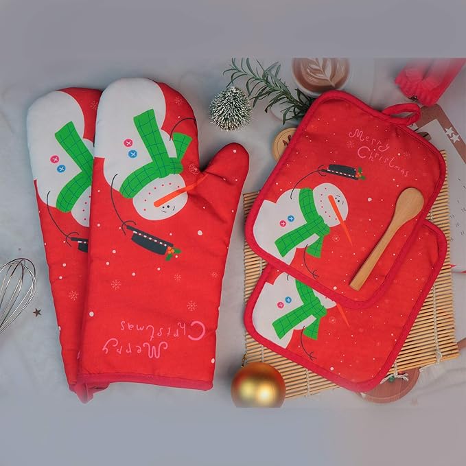 Oven Mitts and Potholders BBQ Gloves-Oven Mitts and Pot Holders with Recycled Infill Silicone Non-Slip Cooking Gloves for Cooking Baking Grilling (4-Piece Set) (Red Christmas Snow)
