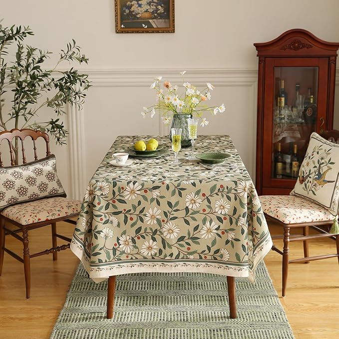 ISAENNE Designer Green Linen Extra Long Tablecloth Rectangle,Floral French Country Indoor Table Cloth,Stain Resistant Home Decor Tablecloths for Dining Kitchen Thanksgiving Party,63"*110"-Brune
