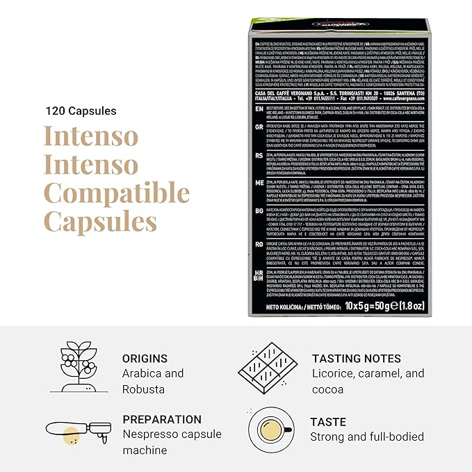 Caffe' Vergnano Medium Roast Espresso Original Line Machine Compatible Capsules - Arabica Robusta Espresso Coffee, Italian Coffee Espresso For Nespresso Coffee Machine, Intensity 8/10 - Intenso,120 Ct