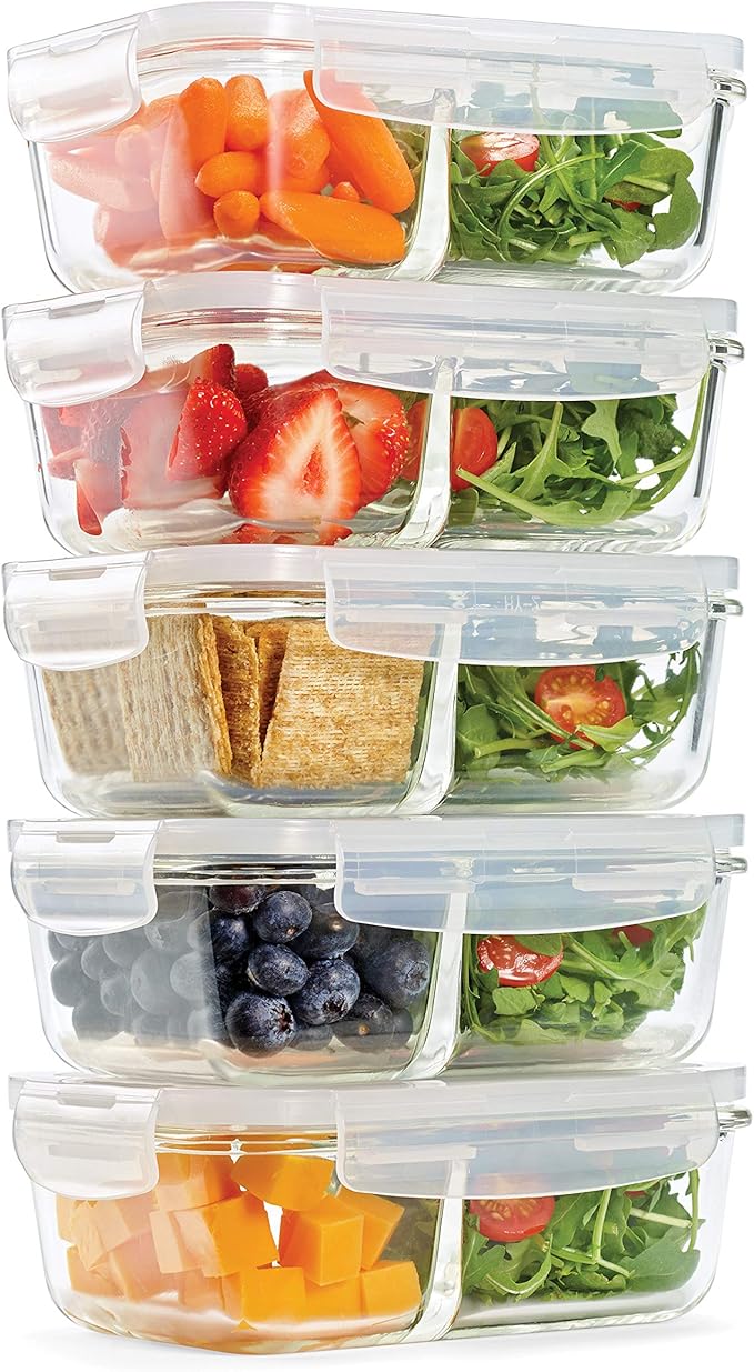 Fit & Fresh Divided, 5-Pack, Two Compartments, Set of 5 Containers with Locking Lids, Glass Storage, Meal Prep Containers with Airtight Seal, 27 oz.