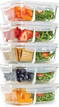 Fit & Fresh Divided, 5-Pack, Two Compartments, Set of 5 Containers with Locking Lids, Glass Storage, Meal Prep Containers with Airtight Seal, 27 oz.