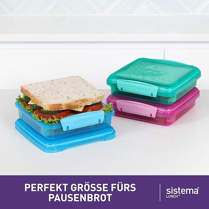 Sistema 3-Piece Sandwhich Containers for Lunch Boxes and Meal Prep, Dishwasher Safe, 1.9-Cup, Blue/Green/Pink