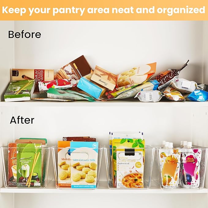 YIHONG 6 Pack Clear Pantry Organizer Bins, Plastic Containers with Handle for Kitchen,Freezer,Cabinet,Closet,Bathroom Under Sink Storage