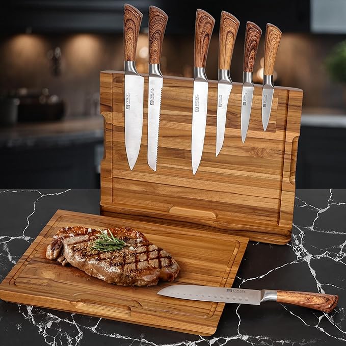 2 - in - 1 Magnetic Knife Block Holder with 16"x11" Cutting Board, Crafted from Premium Natural Teak Wood, Exquisitely Made with Elegant Design, Ideal for Efficient Kitchen Knife Storage