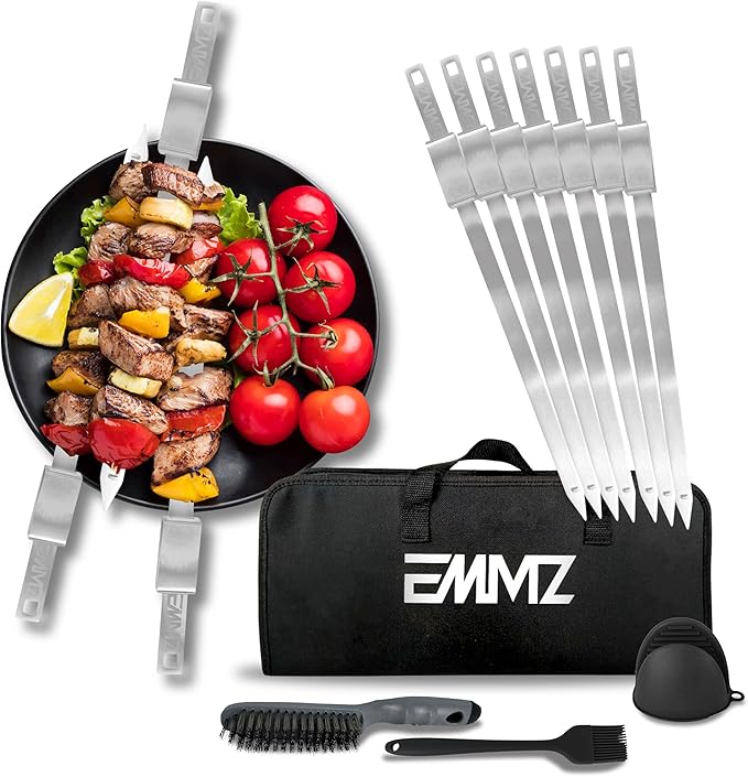 Grilling Skewer–16.5"flat metal skewers with removable Slider (set of 10) Storage Bag stainless steel skewers for BBQ-kebab koobideh-Skewers for kabab Barbecue meat vegetable-Grill sticks for camping