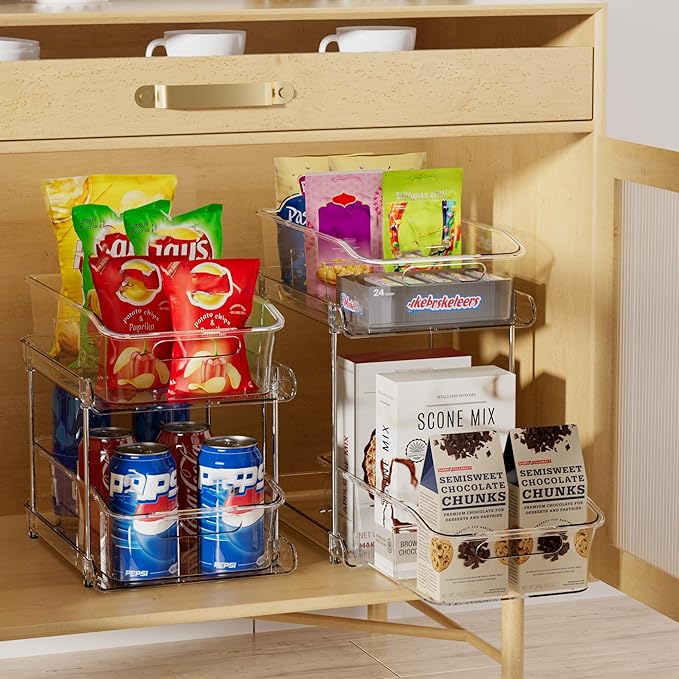 Delamu 2-Tier Under Sink Organizers and Storage, Multi-Purpose Stackable Bathroom Cabinet organizers, Pull Out Kitchen Pantry Organization and Storage with Dividers(2 Pack, Clear)