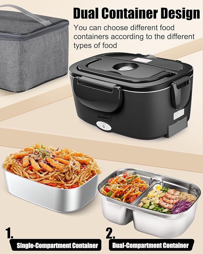 Buddew Electric Lunch Box for Adults, 80W Heated Lunch Box with Dual 1.5L Stainless Steel Portable Food Warmer,12/24/110V Lonchera Electrica Portatil for Travel&Work, Loncheras para Hombres de Trabajo
