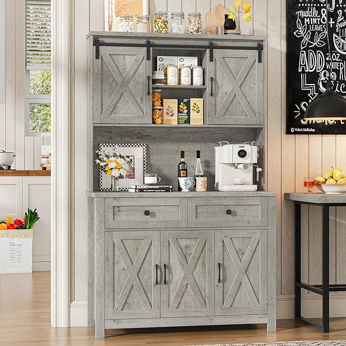 67.7 Inch Farmhouse Pantry Storage Cabinet with Sliding Barn Doors, 2 Drawer Farmhouse Coffee Cabinet with Adjustable Shelf, Side Board with Buffet Cupboard Livingroom Kitchen, Grey