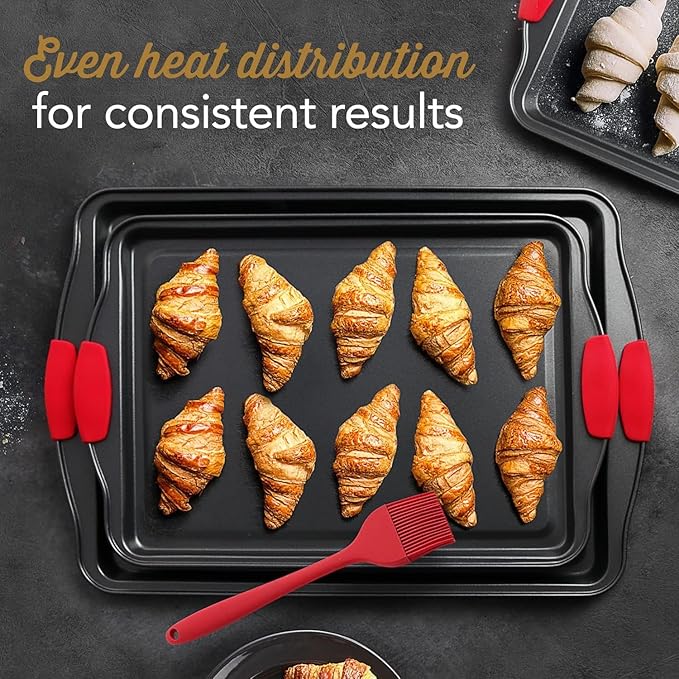 Baking Sheet Set, 3-Piece Cookie Sheet Set with Silicone Handles, Steel Baking Pans Set, Durable Baking Sheets for Oven, BPA Free Cookie Sheets for Baking Nonstick Set, Sheet Pan - Black Baking Pan