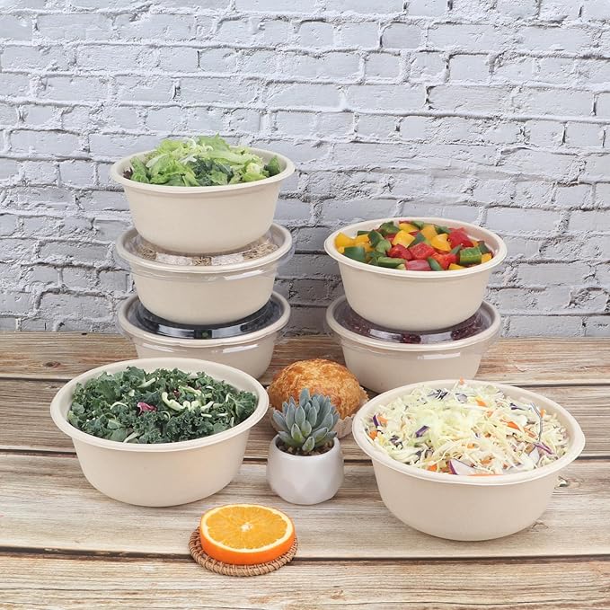37 oz Disposable salad bowls with lids, Sugarcane Fiber Paper Bowls take away food containers Plant Fibers Freezer Safe 50 Pack
