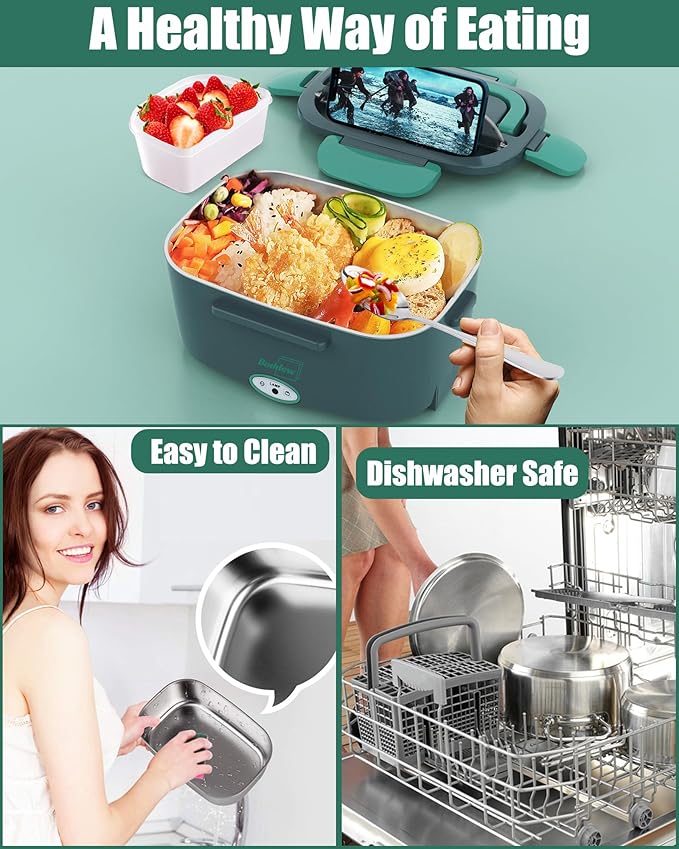 Buddew Electric Lunch Box for Adults, 80W Heated Lunch Box with Dual 1.5L Stainless Steel Portable Food Warmer,12/24/110V Lonchera Electrica Portatil for Travel&Work, Loncheras para Hombres de Trabajo