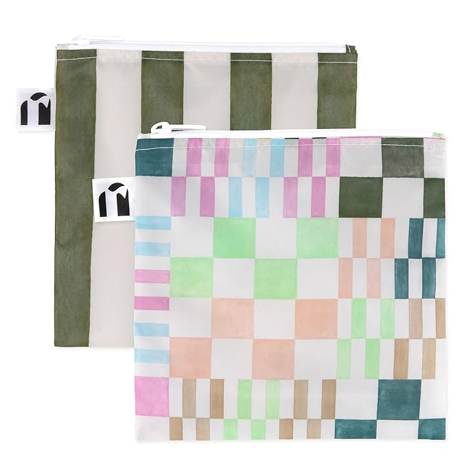 Roamio Reusable Sandwich and Snack Bags, for Kids School Lunch and for Adults Portion, Washable Fabric, Waterproof Cloth Zip Bag, Pack Travel Pouch, Food-Safe, Large 2-pk Green Stripe and Multi Check