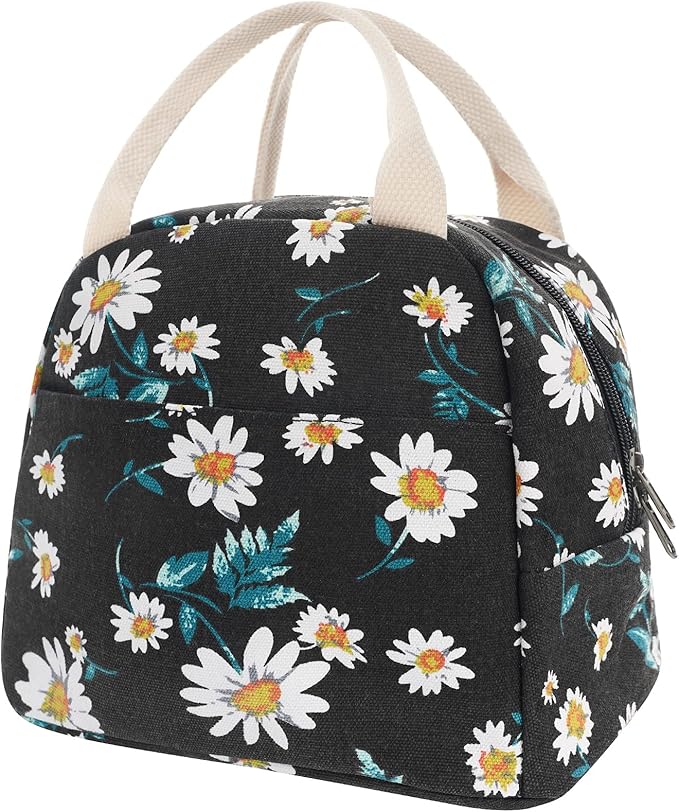 EurCross Women's Lunch Bags for Work with Chic Floral Daisy Pattern,Canvas Stylish and Insulated Black Lunch Tote Bento box Bag Carrier of On-the-Go Storage