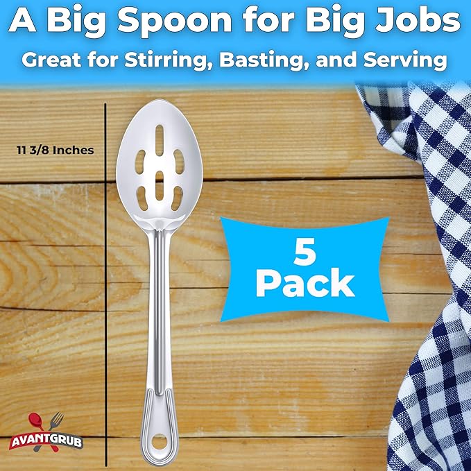 Super Strong, Ergonomic 11 in Serving Spoon 5 Pk. Big, Slotted Stainless Steel Spoons for Cooking, Baking and Basting. Best Kitchen Flatware for Buffet and Banquet Service in Restaurants and Homes