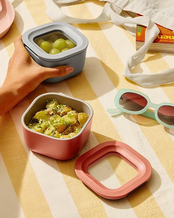 Caraway Mini Food Storage 9pc Set - Glass Storage Containers for Food - Non-Toxic Ceramic-Coated Glass - Air Release Technology - Compact & Stackable Design - Cream