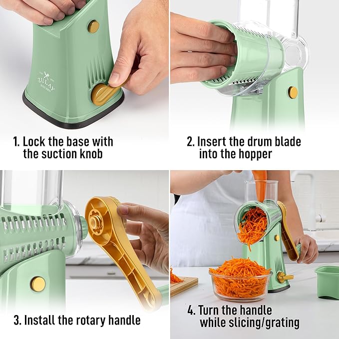 Zulay Kitchen Rotary Cheese Grater 5 Blade Cheese Shredder - Manual Hand Crank Cheese Grater With Reinforced Suction & 5 Interchangeable Drums - Easy to Use, Vegetable Chopper Round Mandoline Slicer
