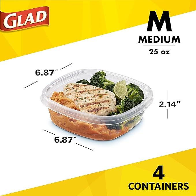 Glad GladWare Design Series Food Storage Containers - Medium Rectangle - Meal Container Holds up to 24 Ounces of Food - Lock Tight Seal, 4 Count - 6 Pack