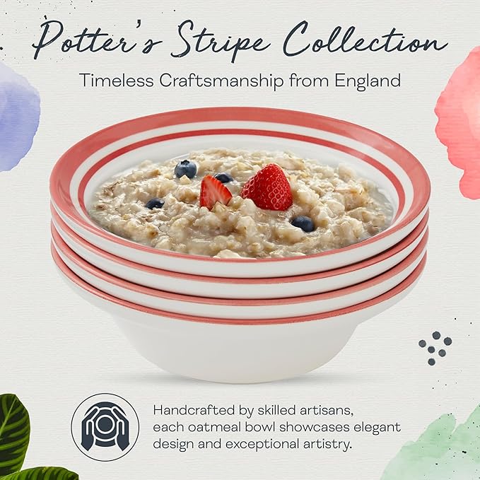 Portmeirion Potter’s Stripe Oatmeal Bowls (Set of 4) - Versatile Earthenware Bowls for Kitchen, Soups, Cereal & Desserts - Dishwasher & Microwave Safe - Made in UK Dinnerware Collection (Red Stripe)