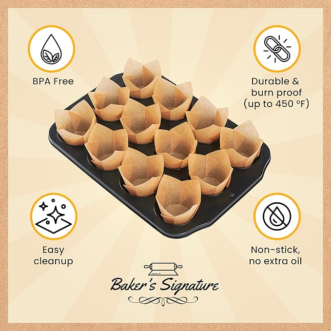 Tulip Cupcake Liners, Muffin Liners for Baking by Baker’s Signature – 200pcs of Parchment Paper Cups Cupcake Wrappers – Perfect Size, Sturdy, Greaseproof & Easy to Use – Wedding Decor – Natural Brown